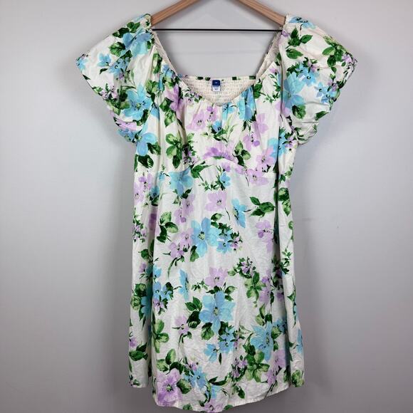 Old Navy Floral Mini Dress 2X Multi Smocked Puff Sleeve Cottagecore Boho Bloom - Picture 1 of 9